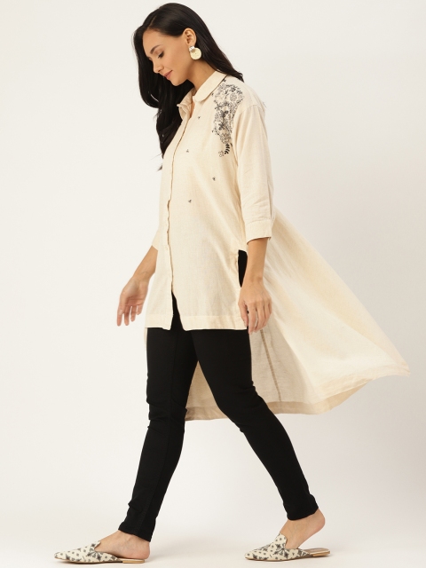 

Sangria Women Beige & Black Embroidered Detail Longline Shirt