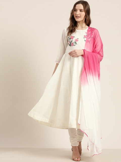 

Sangria Women White & Pink Floral Embroidered Detail Kurta with Churidar & Dupatta
