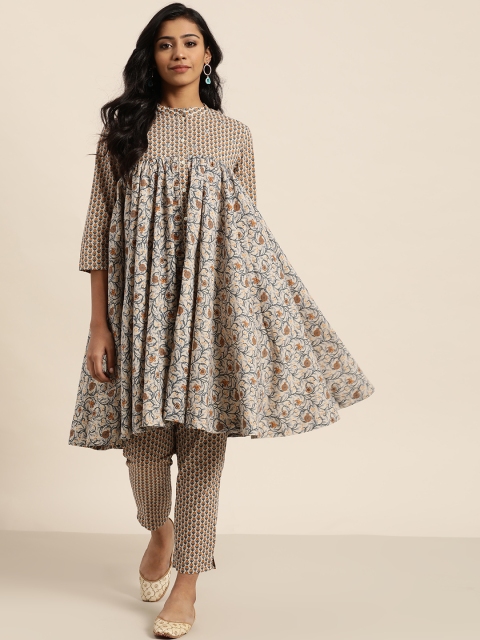 

Sangria Women Beige and Coral Orange Printed Anarkali Kurta with Trousers