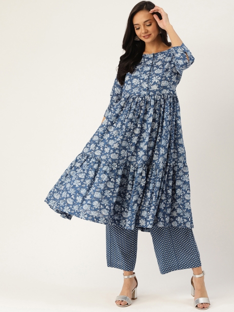 

Sangria Women Blue & White Tiered Floral Print Kurta with Palazzos