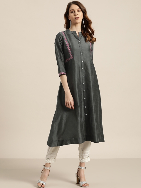 

Sangria Women Charcoal Grey Embroidered Detail A-Line Kurta