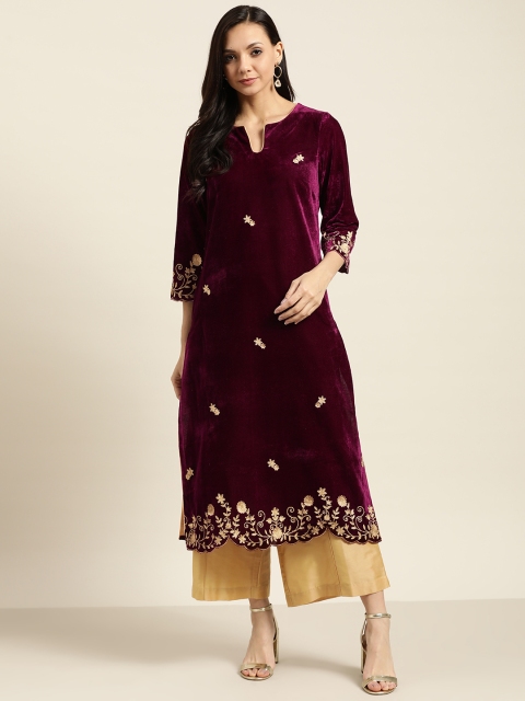 

Sangria Women Burgundy Embroidered Kurta with Palazzos