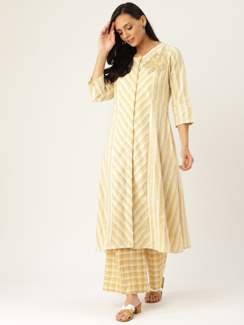 

Sangria Women Yellow & Off-White Striped Kurta with Palazzos