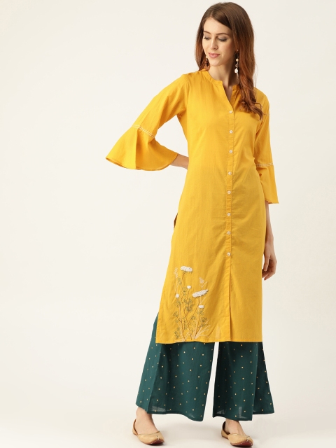 

Sangria Women Mustard Yellow & Teal Green Solid Kurta with Palazzos