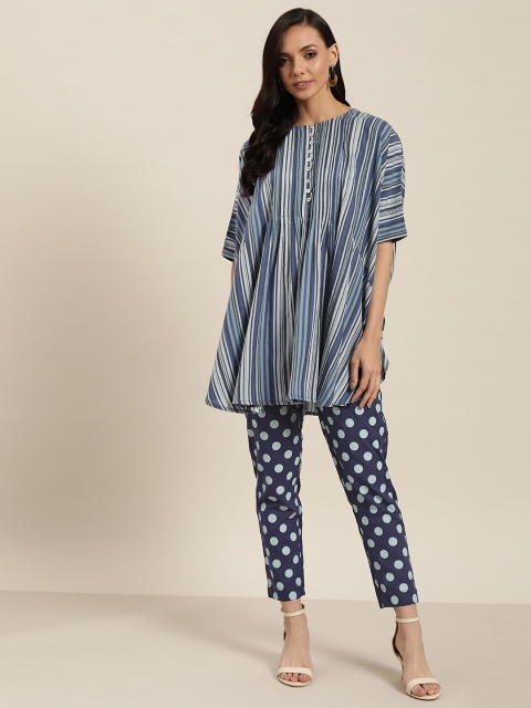 

Sangria Women Navy Blue & Off-White Pure Cotton Striped Kurti with Trousers