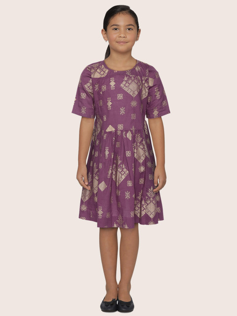 

Sangria Girls Purple & Golden Geometric Print Fit & Flare Dress