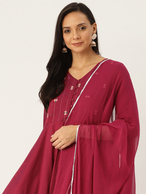 

Sangria Women Burgundy Yoke Design Kurta with Trousers & Dupatta