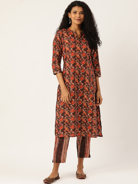 

Sangria Women Coffee Brown & Rust Orange Printed Kurta with Trousers