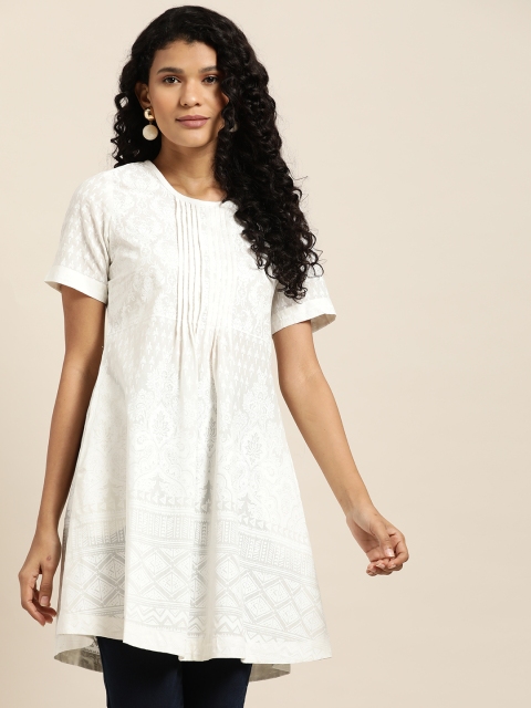 

Sangria Women White Printed Pleated Flared A-Line Tunic
