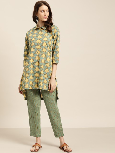 

Sangria Women Green & Yellow Pure Cotton Mirror Work Printed Kurta with Trousers