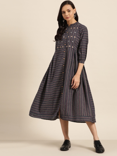 

Sangria Women Navy Blue & Mustard Yellow Pure Cotton Self-Striped A-Line Dress