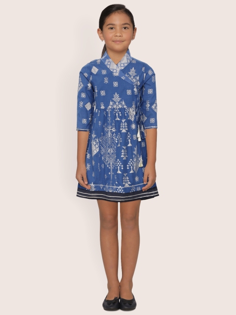 

Sangria Girls Blue & Silver Ethnic Motifs Print Pure Cotton Dress cum Anarkali Kurta