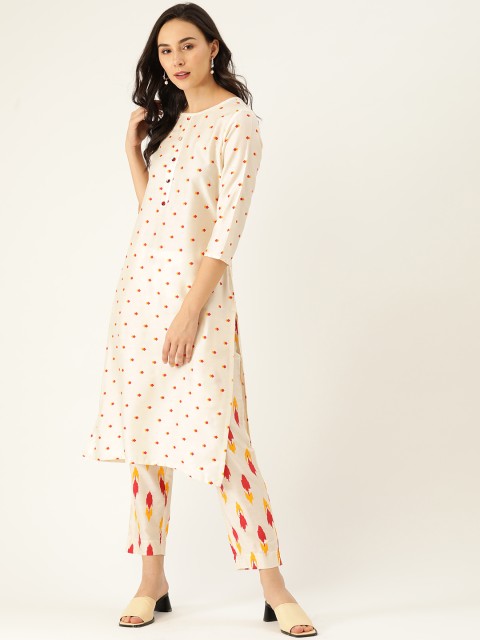 

Sangria Women Off-White & Red Printed Straight Kurta with Trousers Set