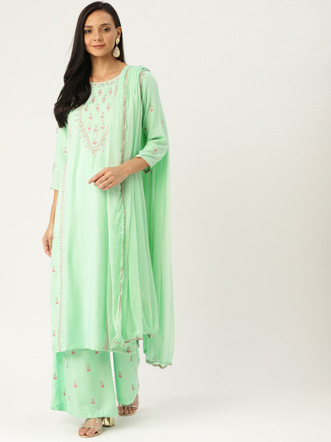 

Sangria Women Green & Golden Yoke Design Kurta with Palazzos & Dupatta