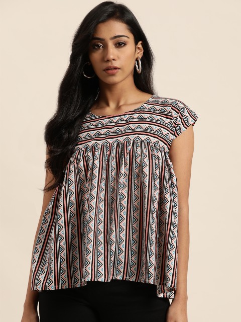 

Sangria Women Off-White & Black Printed A-Line Top
