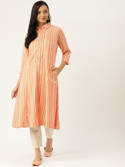 

Sangria Women Peach-Coloured & Maroon Striped A-Line Kurta