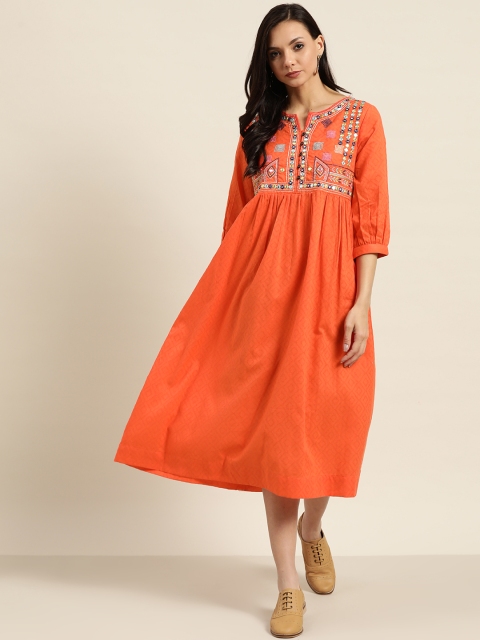 Sangria Women Orange Embroidered Pure Cotton A-Line Dress