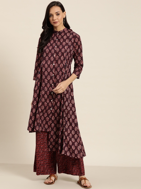 

Sangria Women Navy Blue & Maroon Floral Printed Pure Cotton Kurta with Palazzos