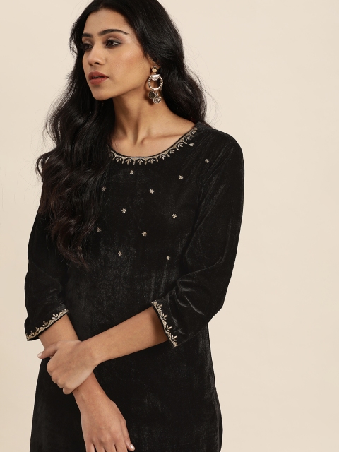 

Sangria Women Embroidered Black Velvet Straight Kurta Trouser Set
