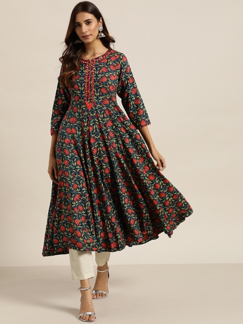 

Sangria Women Navy Blue and Orange Printed Anarkali Kurta