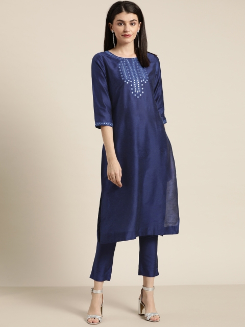 

Sangria Women Navy Blue Yoke Design Kurta with Trousers