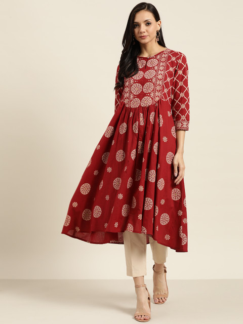 

Sangria Women Red & Beige Pure Cotton Geometric Printed A-Line Kurta