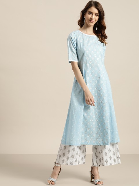 

Sangria Women Blue & White Printed Kurta With Palazzos