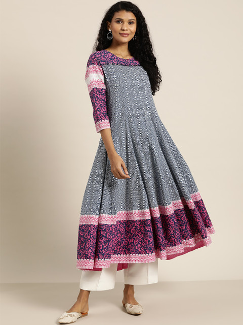 

Sangria Women Navy Blue & Pink Geometric Print Anarkali Kurta