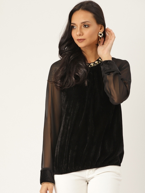 

Sangria Women Black Solid Velvet Finish Blouson Top