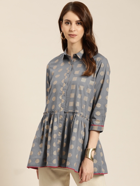 

Sangria Women Grey & Golden Pure Cotton Printed A-Line Top