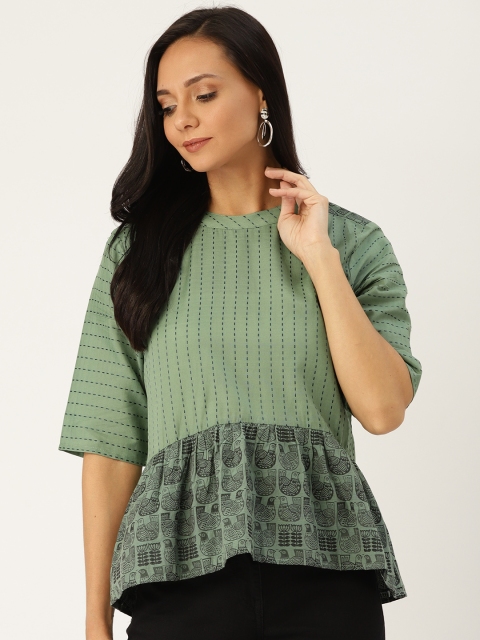 

Sangria Women Green & Black Striped A-Line Top