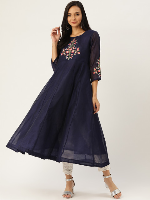 

Sangria Women Navy Blue Embroidered Yoke Anarkali Kurta