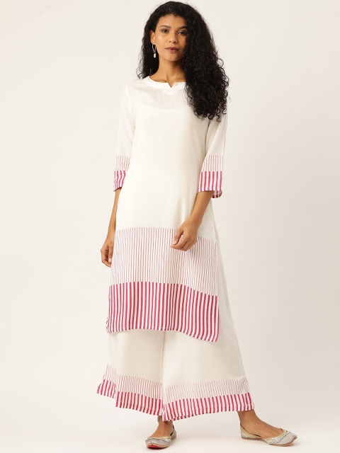 

Sangria Women White & Pink Striped Detail Kurta with Palazzos