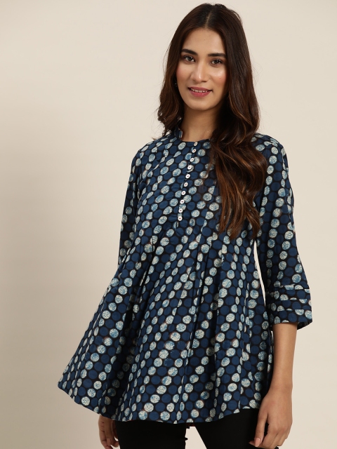 

Sangria Women Navy Blue & White Geometric Print Pure Cotton Pleated Longline A-Line Top