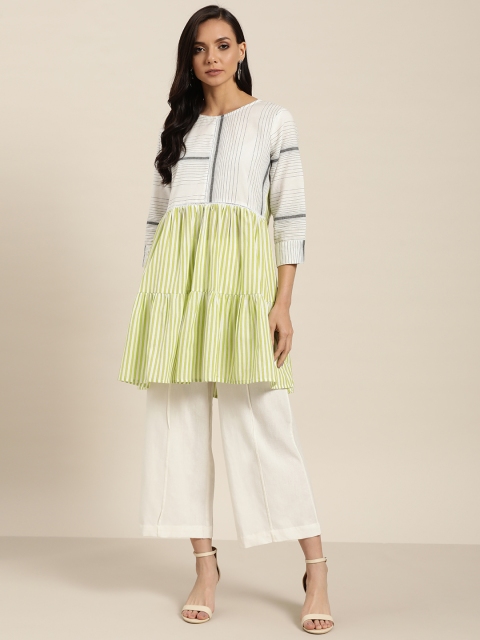 

Sangria Women Off-White & Green Pure Cotton Striped Kurta with Palazzos