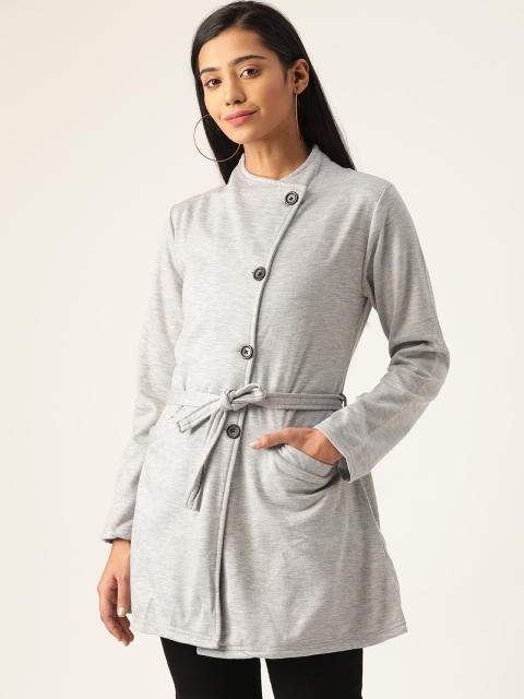

Belle Fille Women Grey Melange Solid Longline Tailored Jacket with Belt