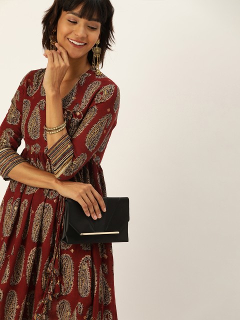 

Taavi Women Maroon & Beige Kalamkari Hand Block Print Festive Wrap Sustainable Dress with Gold Lace