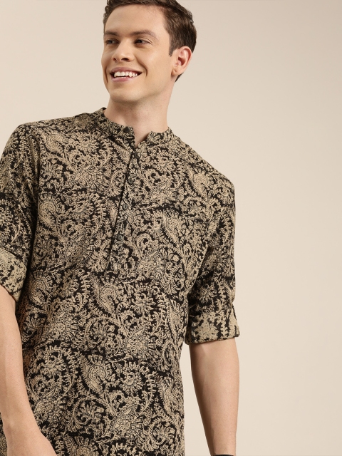 

Taavi Men Black & Beige Kalamkari Block Printed Festive Kurta with Trousers