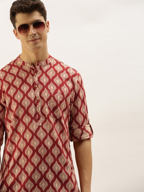 

Taavi Men Maroon & Beige Bagru Hand Block Print Festive Kurta with Roll-Up Sleeves