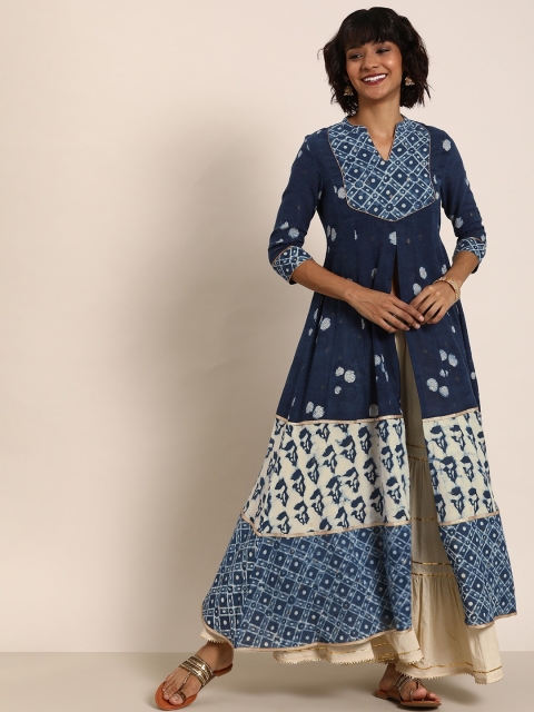 

Taavi Women Blue & White Indigo Hand Block Print Sustainable Festive A-Line Kurta