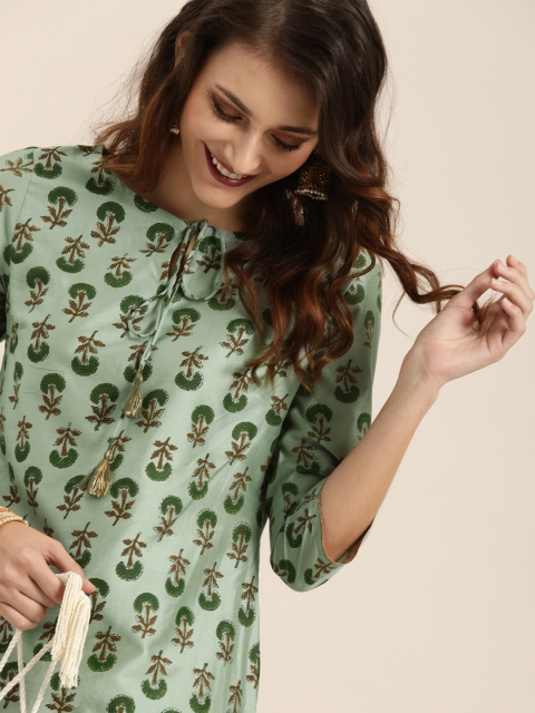 

Taavi Women Green & Brown Hand Block Print Festive Straight Sustainable Kurta With Tie-Up Neck
