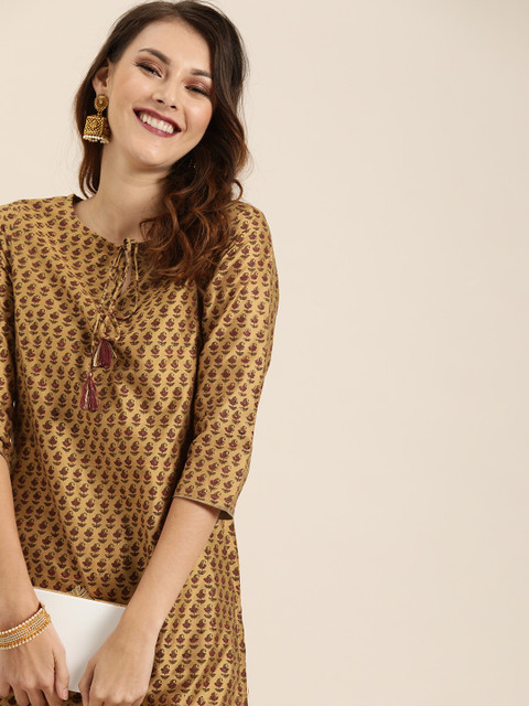 

Taavi Women Mustard Yellow & Brown Hand Block Print Straight Sustainable Kurta With Tie-Up Neck