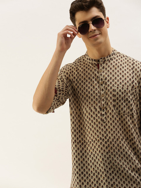 

Taavi Men Beige & Maroon Bagru Hand Block Print Straight Festive Kurta with Gold Dobby