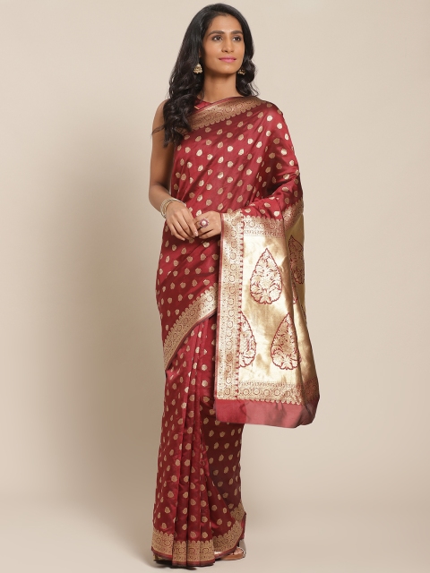 

Mitera Maroon & Golden Ethnic Zari Woven Design Saree
