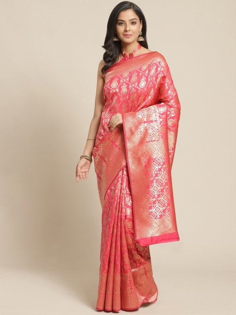 

Mitera Pink & Golden Pure Silk Zari Woven Design Celebrity Saree