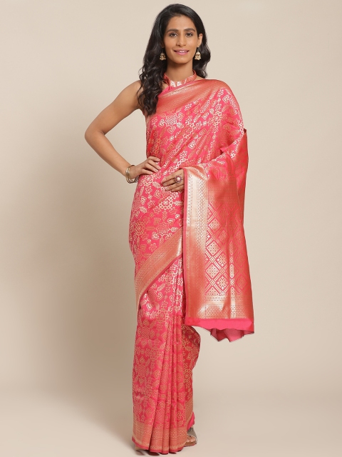 

KALINI Coral Pink & Golden Ethnic Zari Woven Design Saree