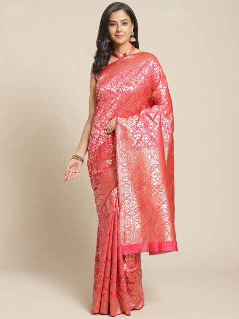 

Mitera Pink & Golden Pure Silk Zari Woven Design Celebrity Saree