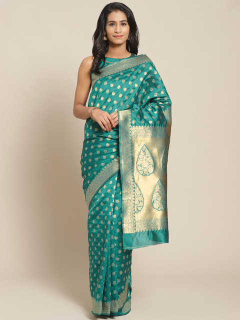 

KALINI Teal Green & Golden Pure Silk Zari Woven Design Celebrity Saree