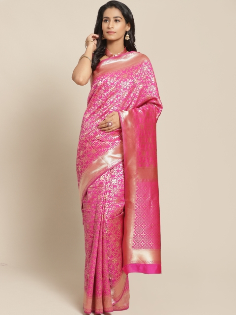 

Mitera Pink & Golden Pure Silk Zari Woven Design Saree