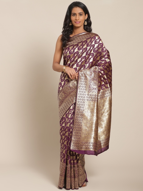 

KALINI Aubergine & Golden Geometric Zari Woven Design Saree, Purple